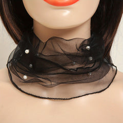 Chiffon Neck Collar Ruffles Infinity Scarf Faux Pearl Decor