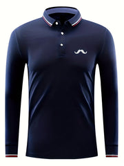 Men's Beard Print Long Sleeve Polo Shirt Casual Breathable Button Up Top
