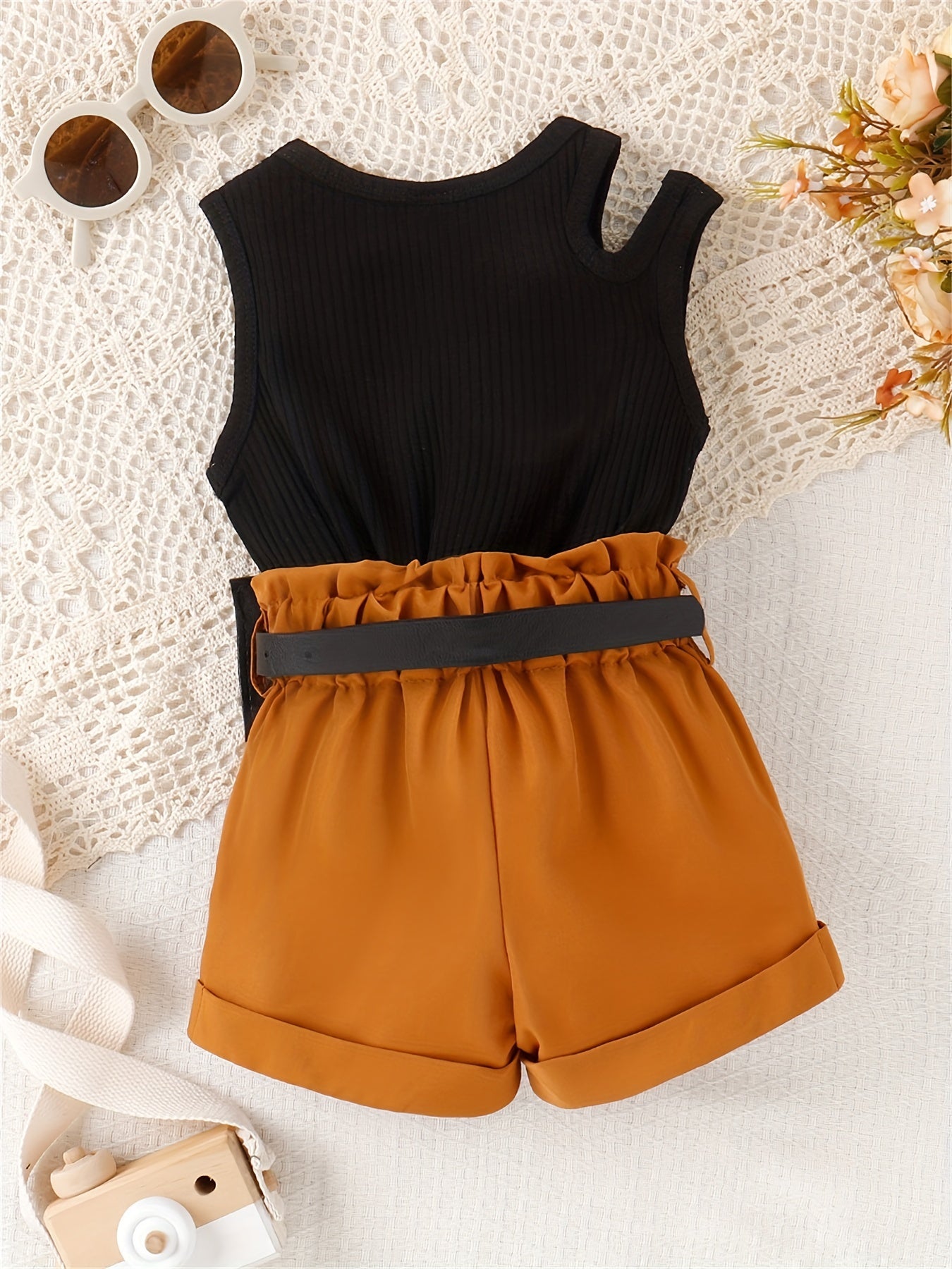 3pcs Baby Girls Cold Shoulder Tank Top & Shorts Set