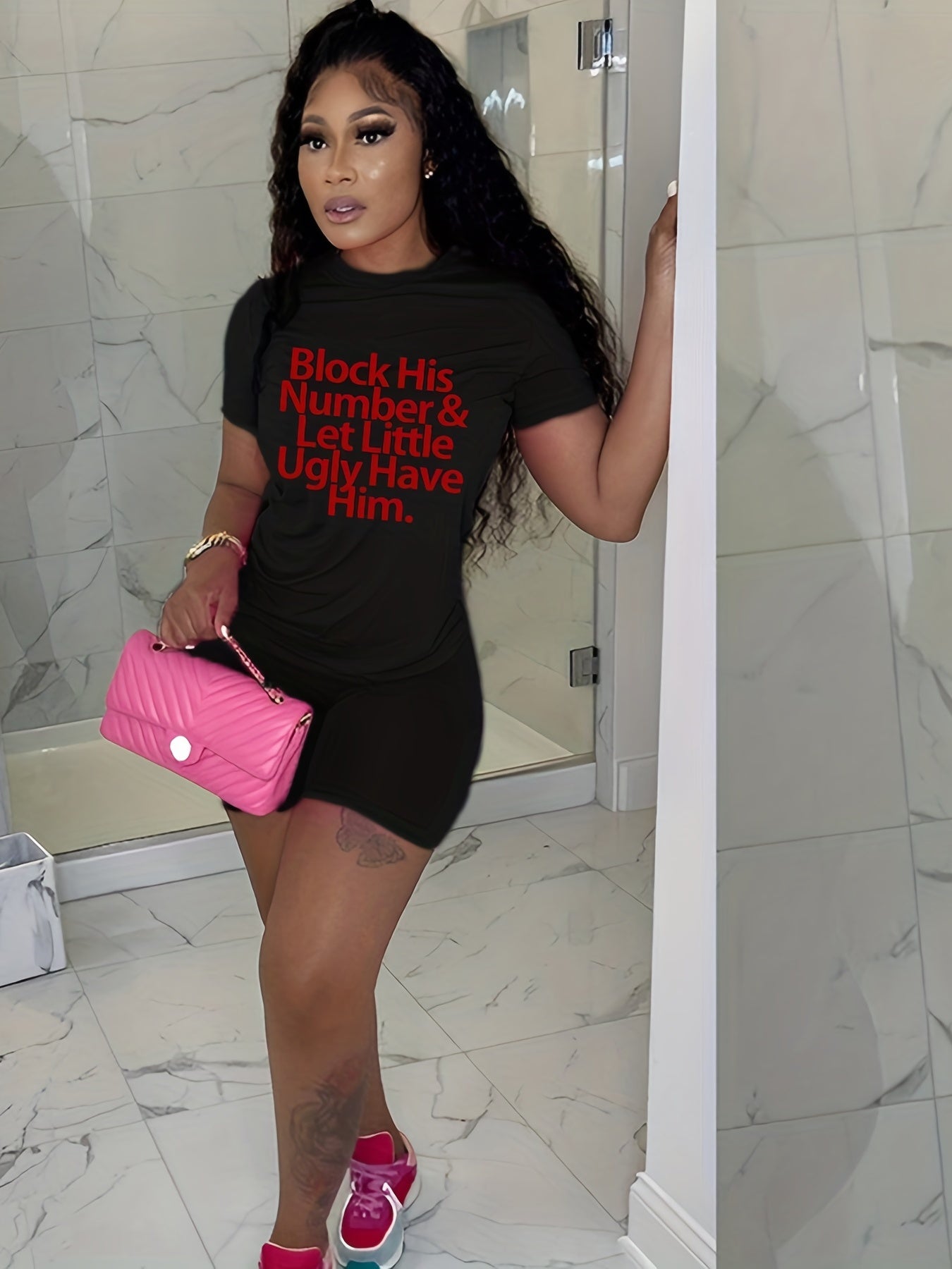 Letter Print Tee & Slim Shorts Set Casual Spring & Summer Outfit