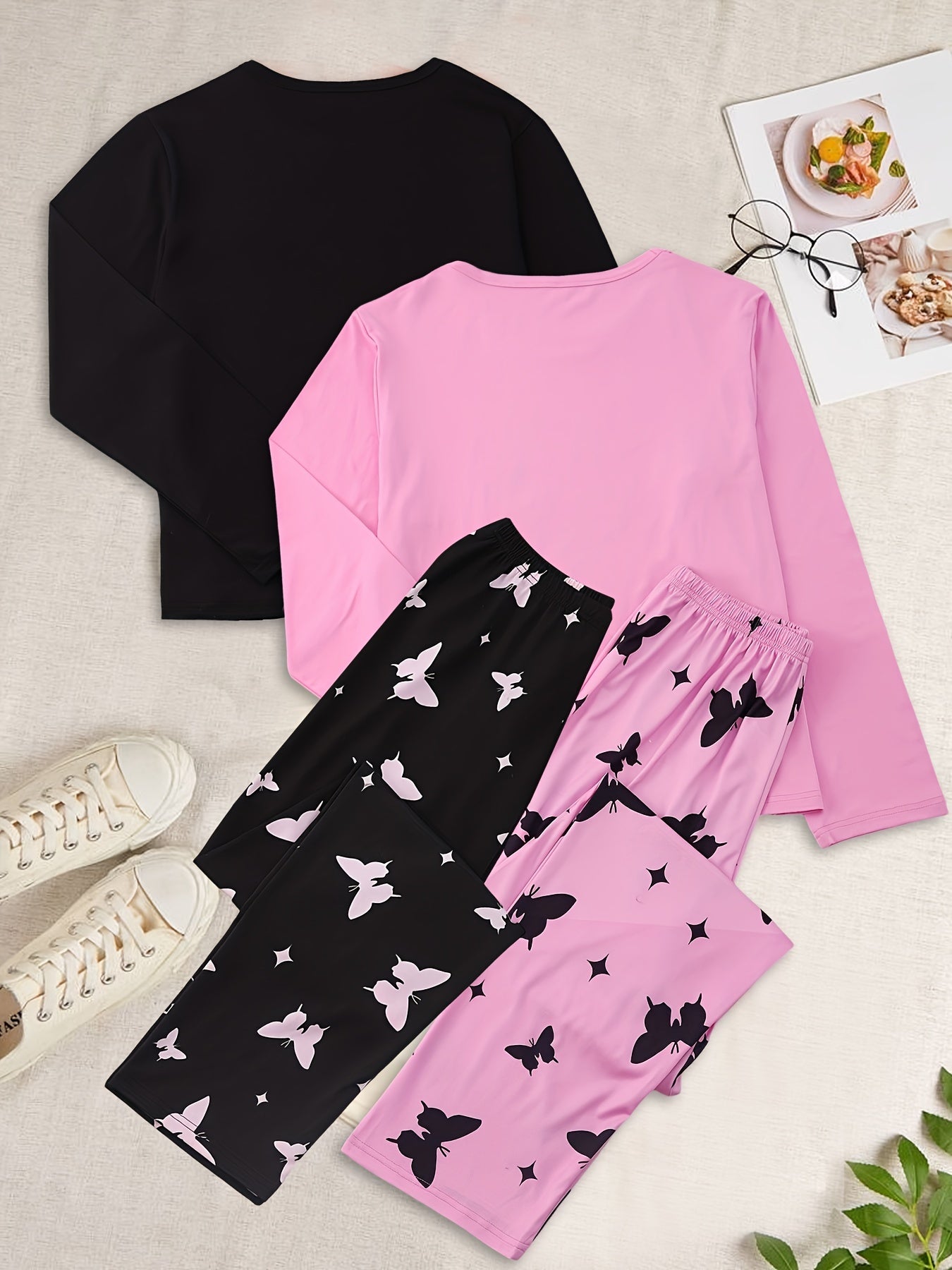 Heart & Butterfly Print Pajama Set Crew Neck Top & Elastic Waistband Pants
