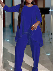 Solid Long Sleeve Round Neck Tunic Top & Pants Outfit Set