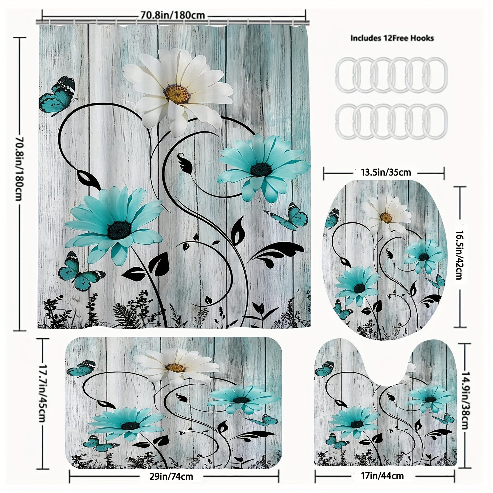 Daisy Style Bathroom Shower Curtain Set with 12 Hooks
