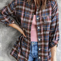 Plaid Print Button Up Long Sleeve Turn Down Collar Shacket