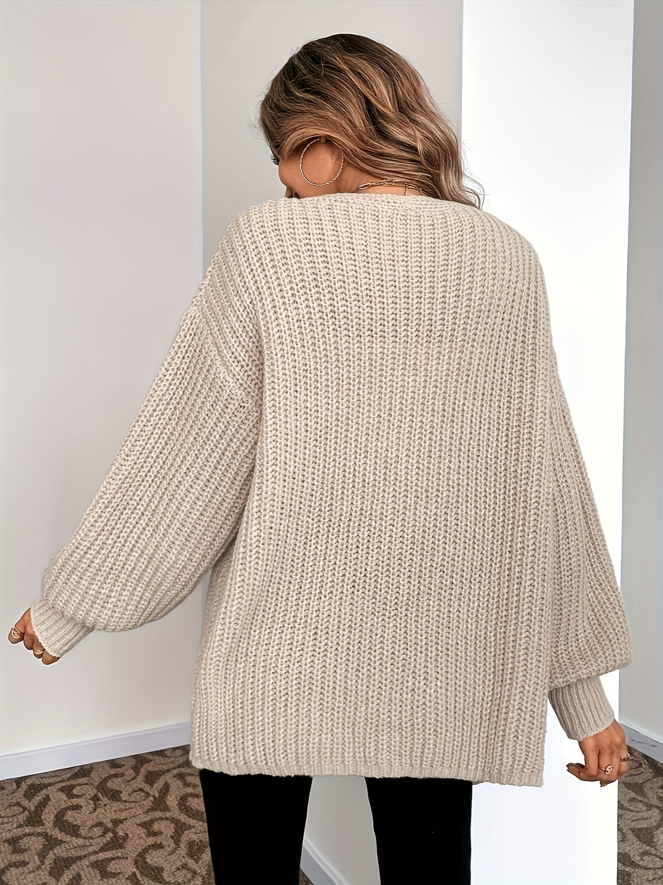 Solid V Neck Button Up Cardigan Long Sleeve Sweater Women's Clothing