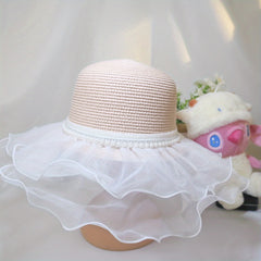 Pearl Decor Straw Sun Hat Ruffles Lace Mesh Beach Hat for Women