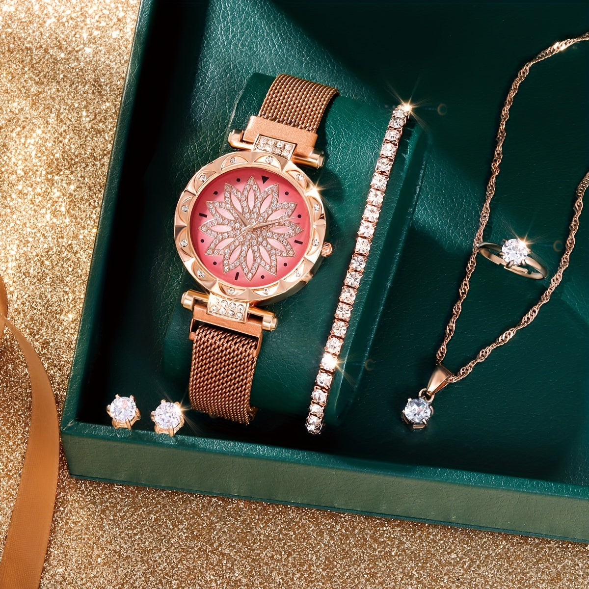 Student Rhinestone Watch & Rose Jewelry Set
