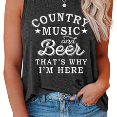 Casual Tank Top Women's Plus Star & Slogan Print Round Neck