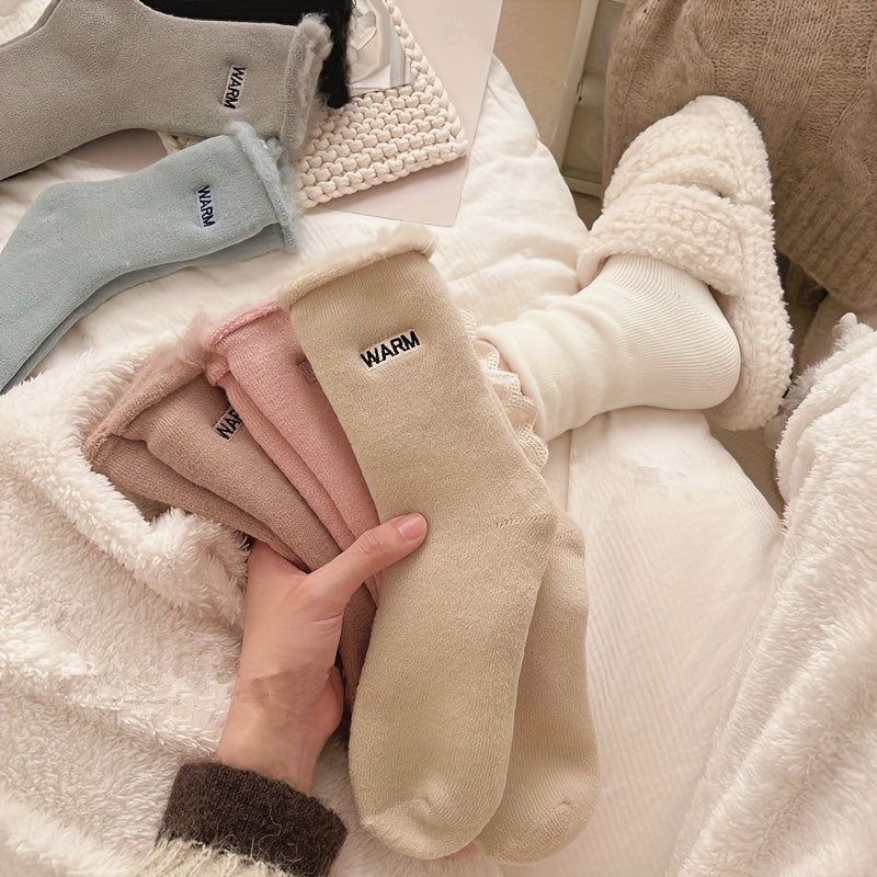 4 Pairs Letter Print Plush Lined Socks for Women