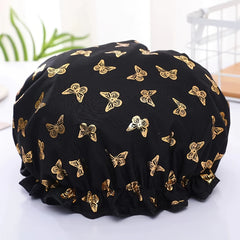 Butterfly Print Double Layer Shower Cap - Waterproof for Home & Travel