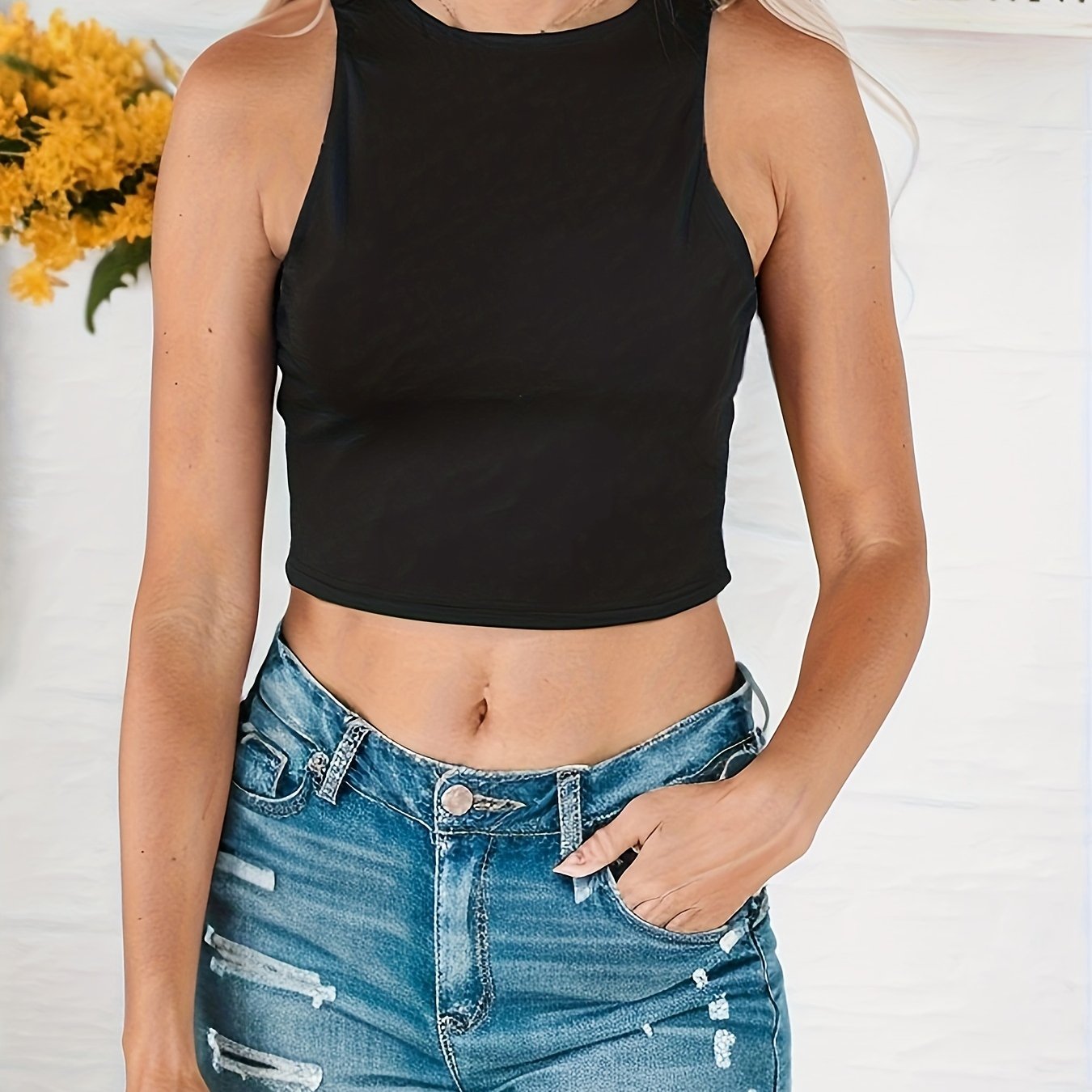 Sexy Sleeveless Crew Neck Racerback Crop Tank Solid Halter Neck Top
