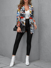 Graphic & Letter Print Open Front Blazer Casual Long Sleeve Blazer