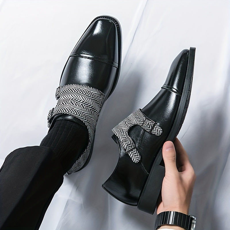 Men's Double Monk Strap Slip On Loafers Herringbone Pattern Loafers