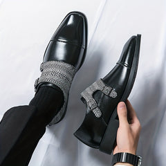 Men's Double Monk Strap Slip On Loafers Herringbone Pattern Loafers