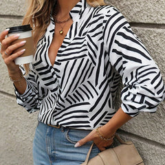 Women's Stripe Print Long Sleeve Notched Neck Blouse