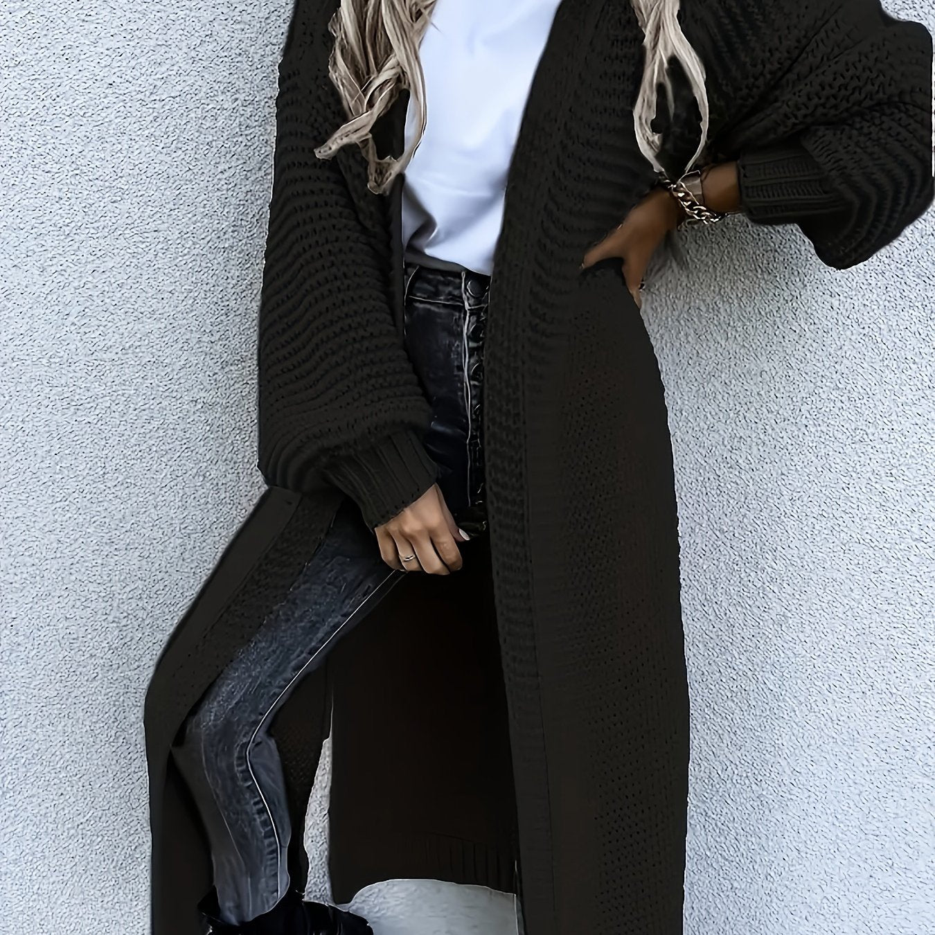 Solid Textured Lantern Sleeve Longline Cardigan
