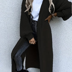 Solid Textured Lantern Sleeve Longline Cardigan