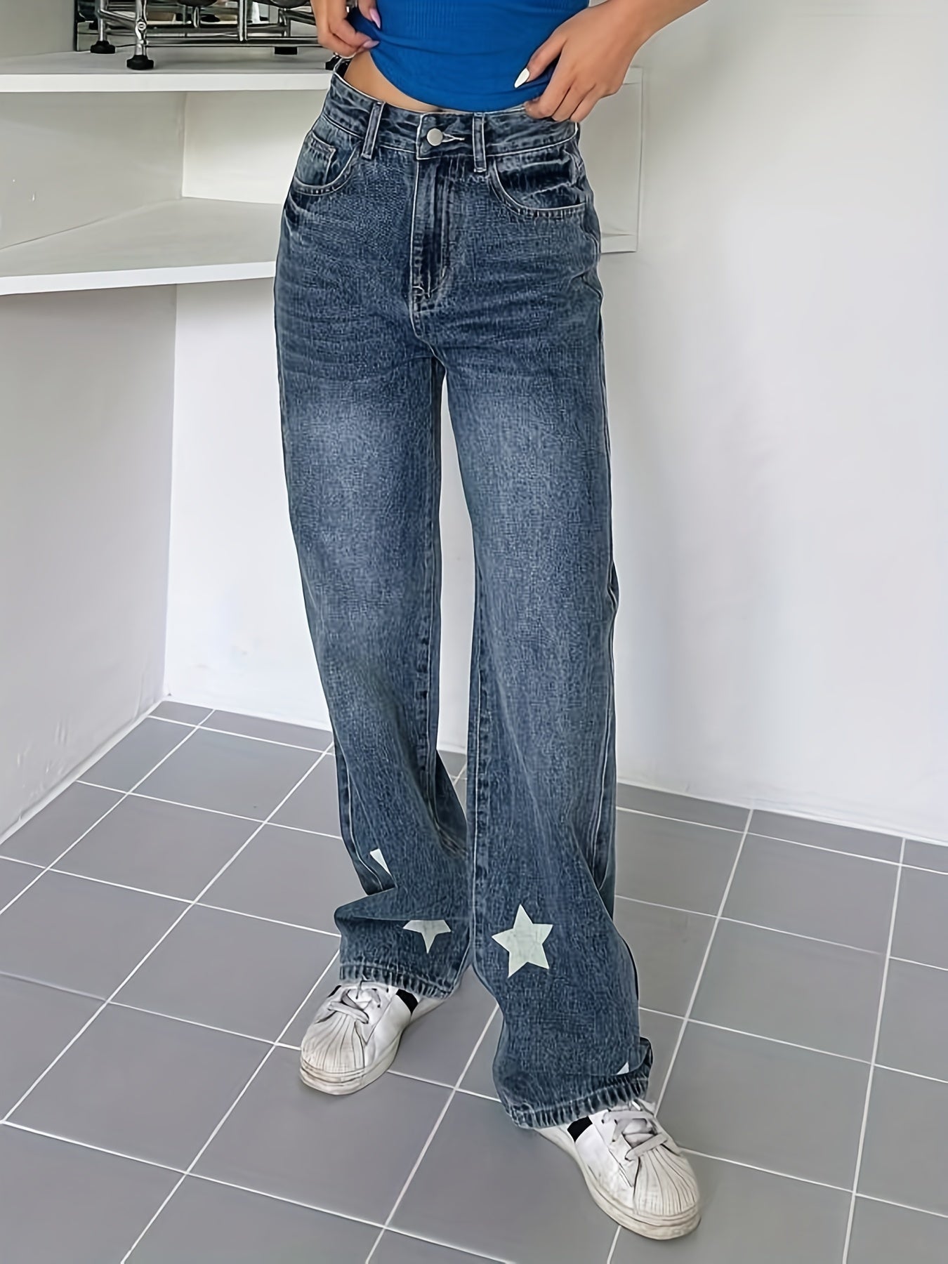 Star Print Washed Straight Leg Jeans Zipper Button Closure
