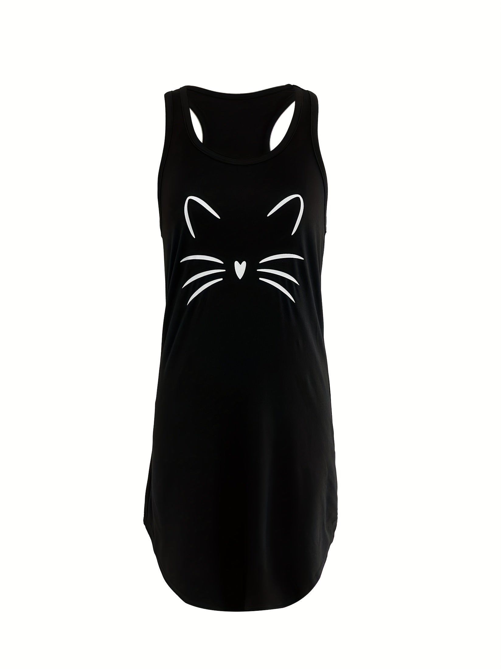 Cat Print Lounge Dress Crew Neck Sleeveless Home Dress Women's Loungewear