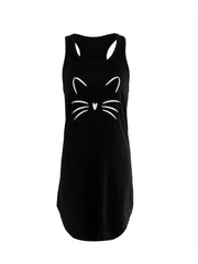 Cat Print Lounge Dress Crew Neck Sleeveless Home Dress Women's Loungewear