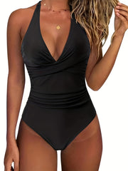 Backless Halter Tie One Piece Swimsuit High Stretch Solid Swimwear