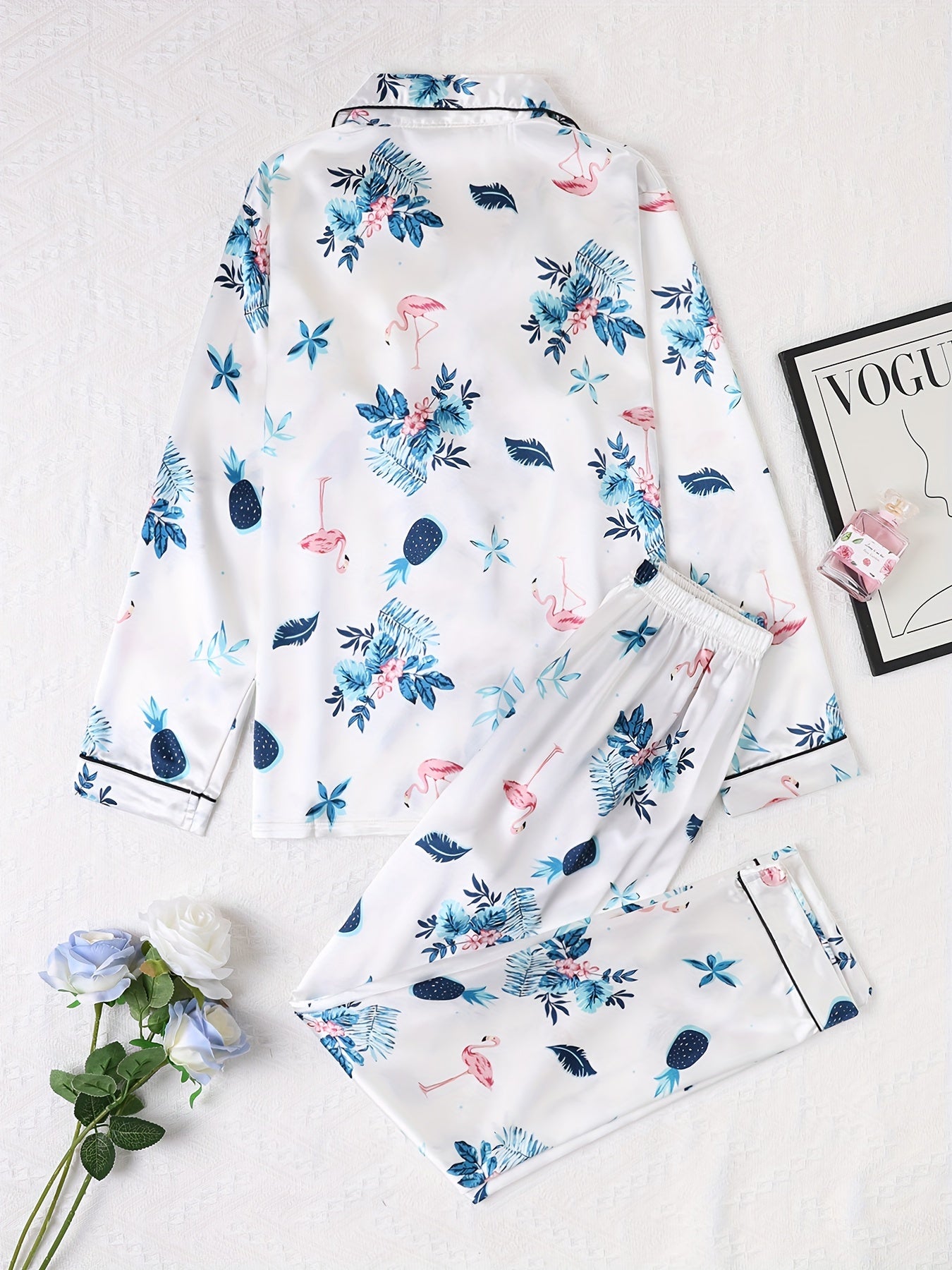 Flamingo Print Pajama Set Long Sleeve Buttons Top & Elastic Waistband Pants