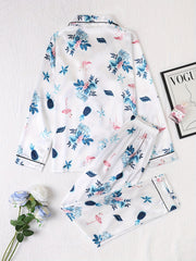 Flamingo Print Pajama Set Long Sleeve Buttons Top & Elastic Waistband Pants