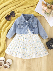 Baby Girls Stylish Denim Short Coat & Floral Print Suspender Dress Set