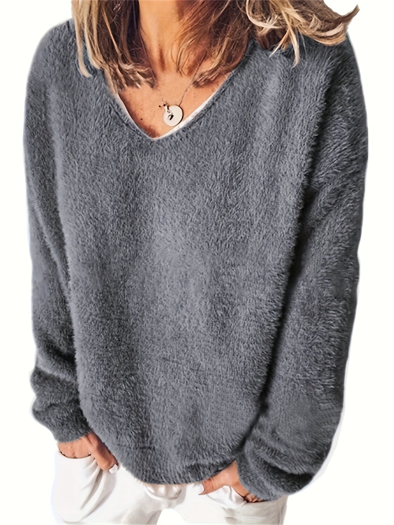 Solid Eyelash V-Neck Sweater