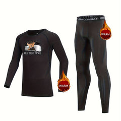 Kids Compression Fleece Sets Detective Bear Pattern Pullover & Matching Pant