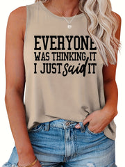 Casual Tank Top Women's Plus Slogan Print Round Neck Tank Top