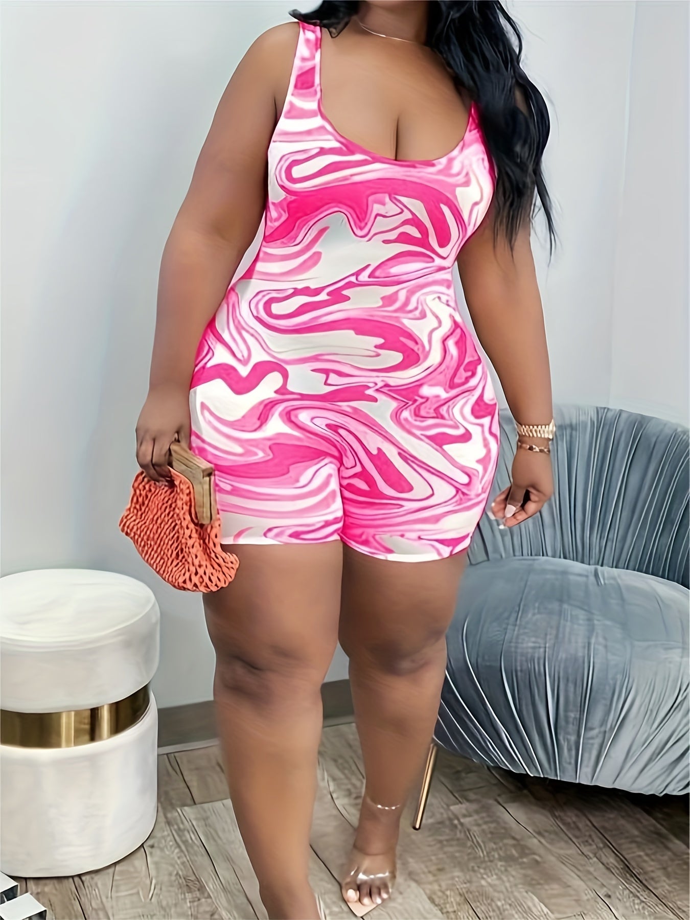 Casual Romper Women's Plus Fluid Print Round Neck