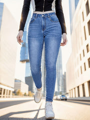 Stretchy Whiskering Skinny Jeans Medium High Rise Slash Pocket Denim Pants
