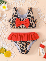Girls Leopard Print Bow Ruffles Bikini Swimsuit Beach Swimwear Bathing Suits
