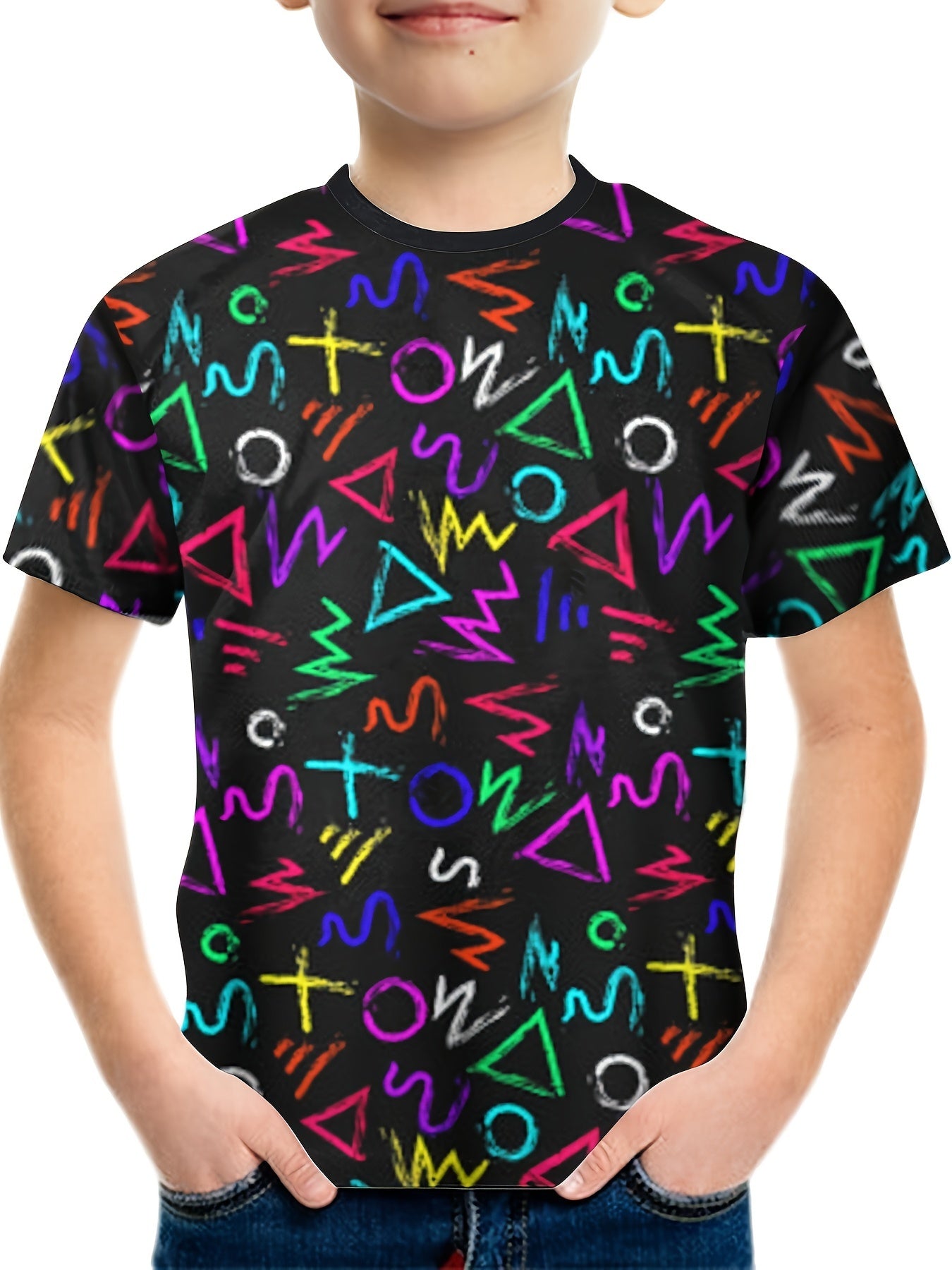 Boys Cartoon T-Shirt Doodle Print Kids Casual Top Summer Clothes