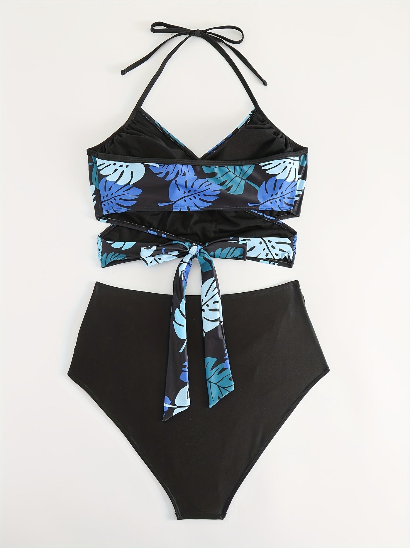 Leaf Print Swimsuit Set V Neck Crop Top & Ruched Panty Two Piece Set