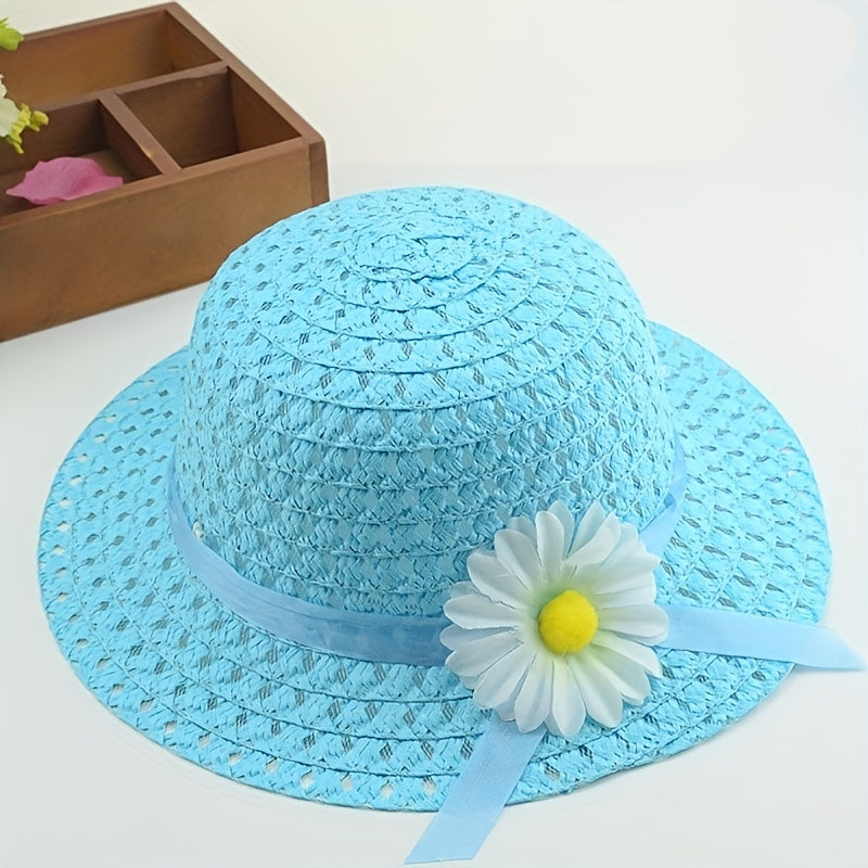 Girls Floral Straw Sun Hat Lightweight Sunscreen Breathable Cap for Kids
