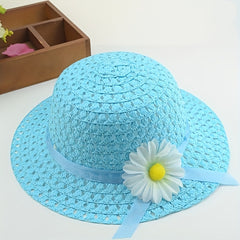 Girls Floral Straw Sun Hat Lightweight Sunscreen Breathable Cap for Kids