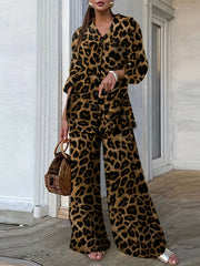 Leopard Print Button Up Blouse & Wide Leg Pants Set