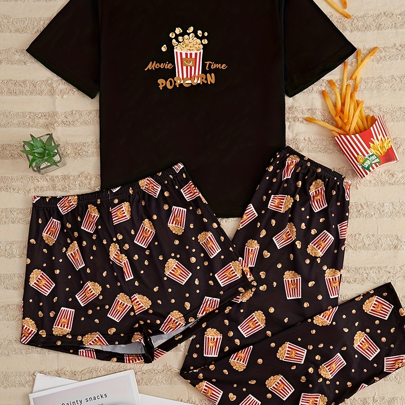 Popcorn Print Pajamas Set Short Sleeve Crew Neck Top & Shorts & Pants