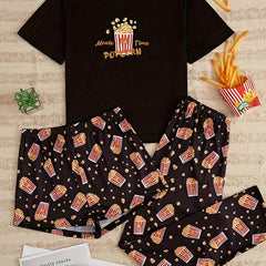 Popcorn Print Pajamas Set Short Sleeve Crew Neck Top & Shorts & Pants