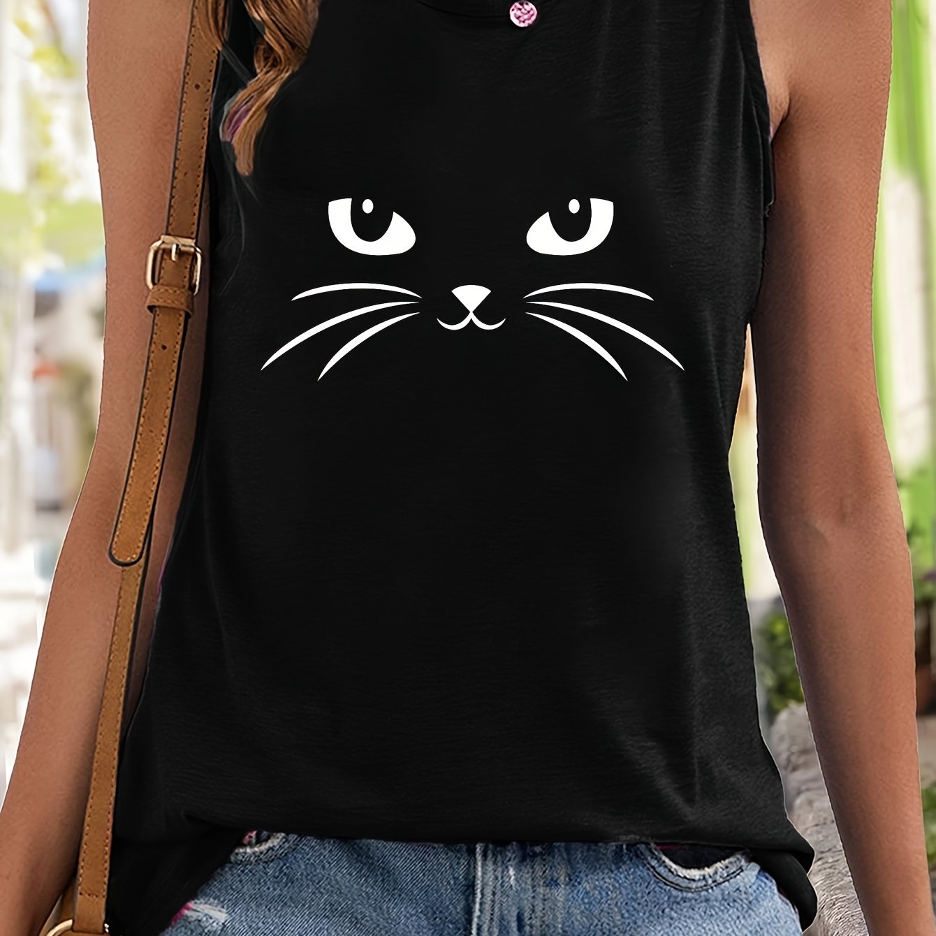 Cat Print Sleeveless Sports Vest Stretchy Casual Tops Women's Activewear
