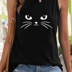 Cat Print Sleeveless Sports Vest Stretchy Casual Tops Women's Activewear