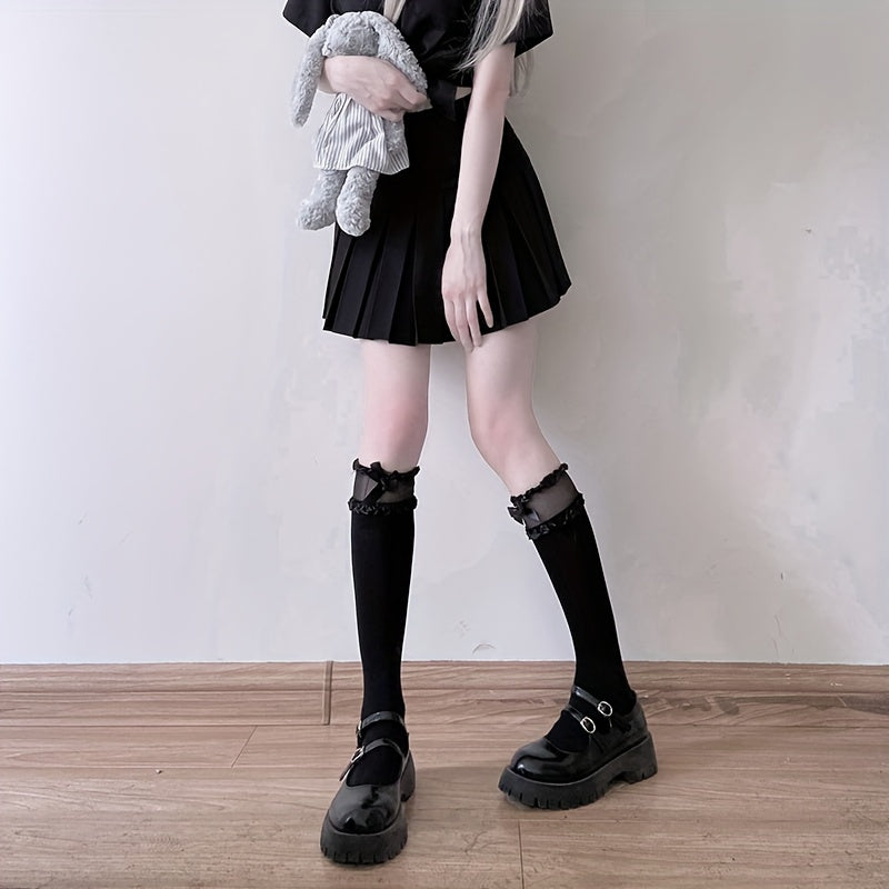 Bow Decor Calf Socks Mesh Stitching Knee High Socks