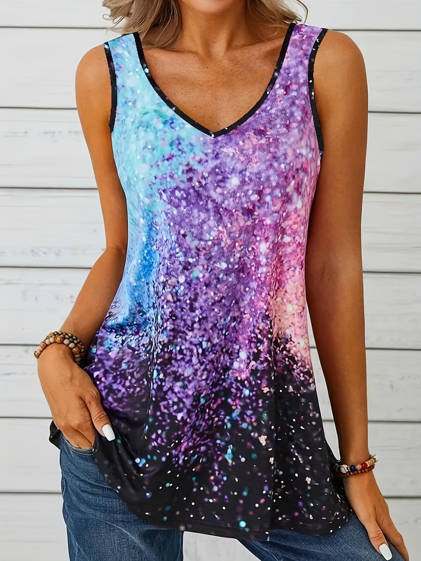 Summer V Neck Tank Top Casual Sleeveless All Over Print Women's Clothing