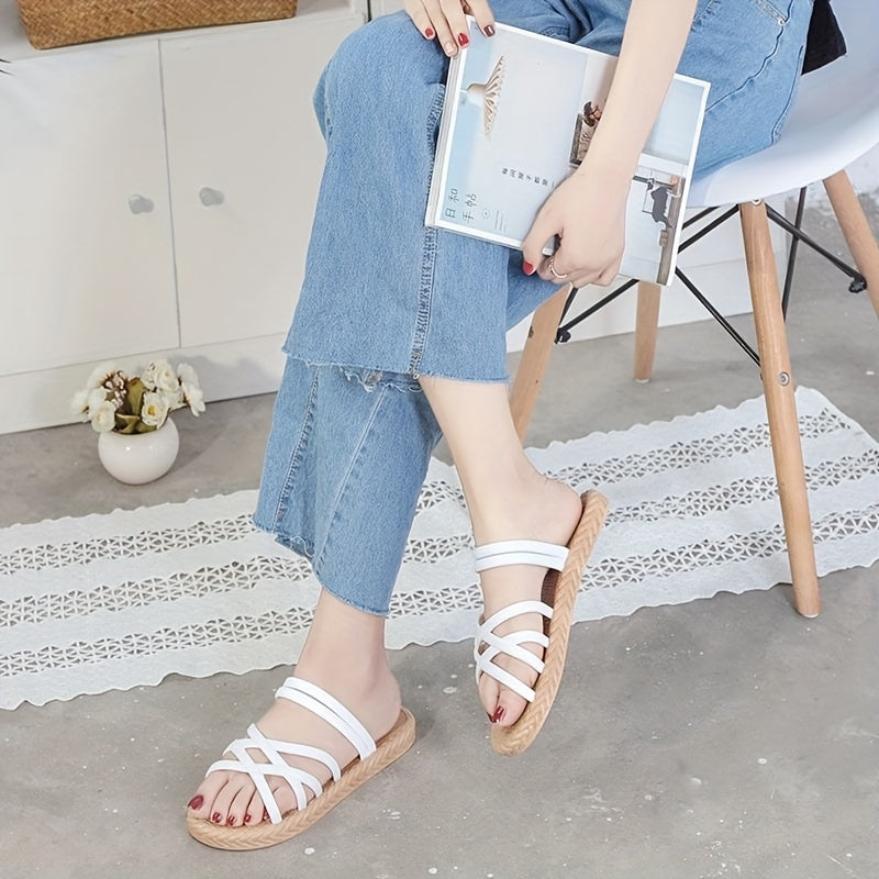 Women's Cross Strap Flat Slides Open Toe Espadrille Beach Sandals