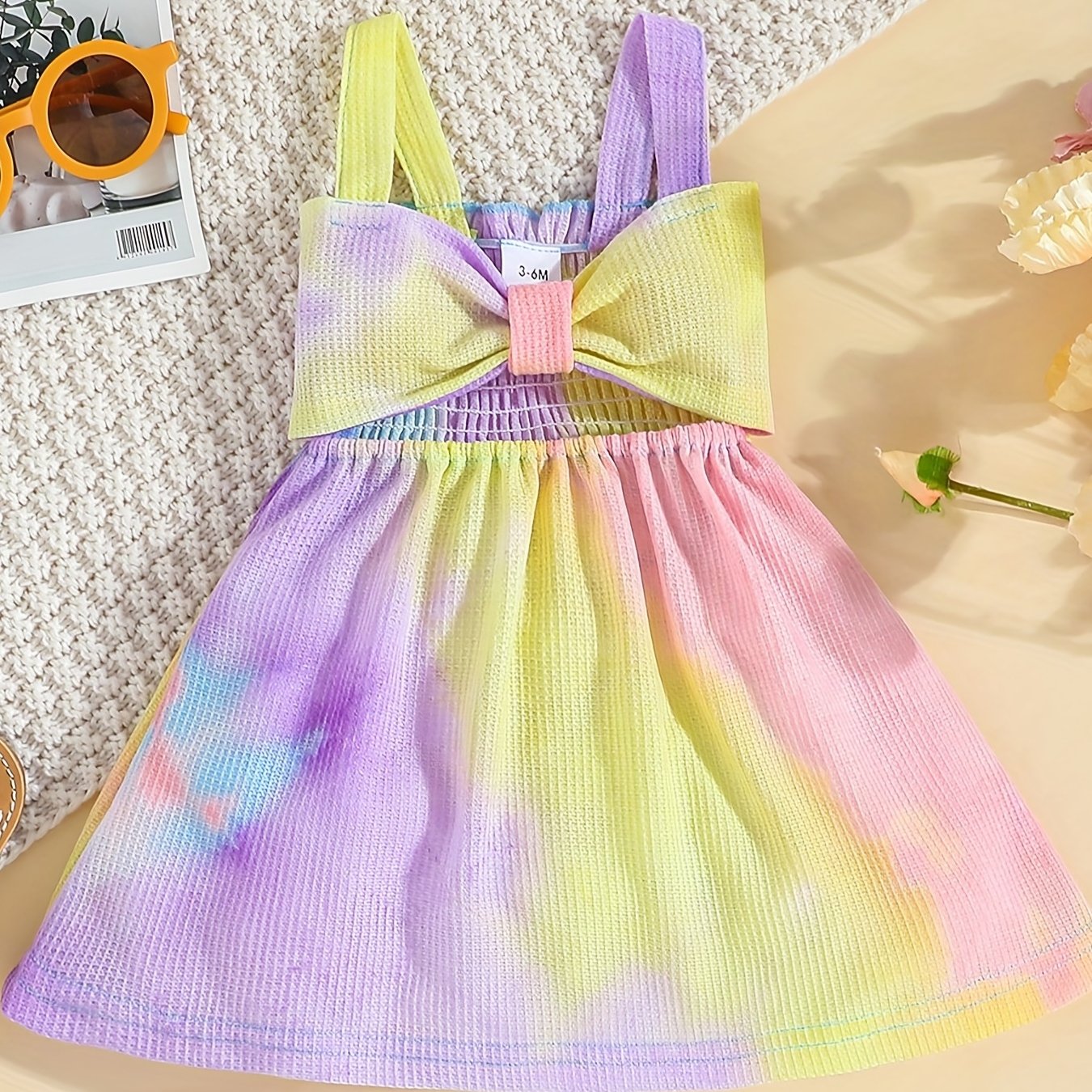 Baby Girls Tie Dye Bowknot Shirred Cami Dress for Summer