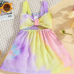 Baby Girls Tie Dye Bowknot Shirred Cami Dress for Summer