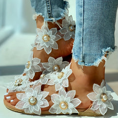 Women's Flowers Flat Sandals Faux Pearl Slip On Shoes