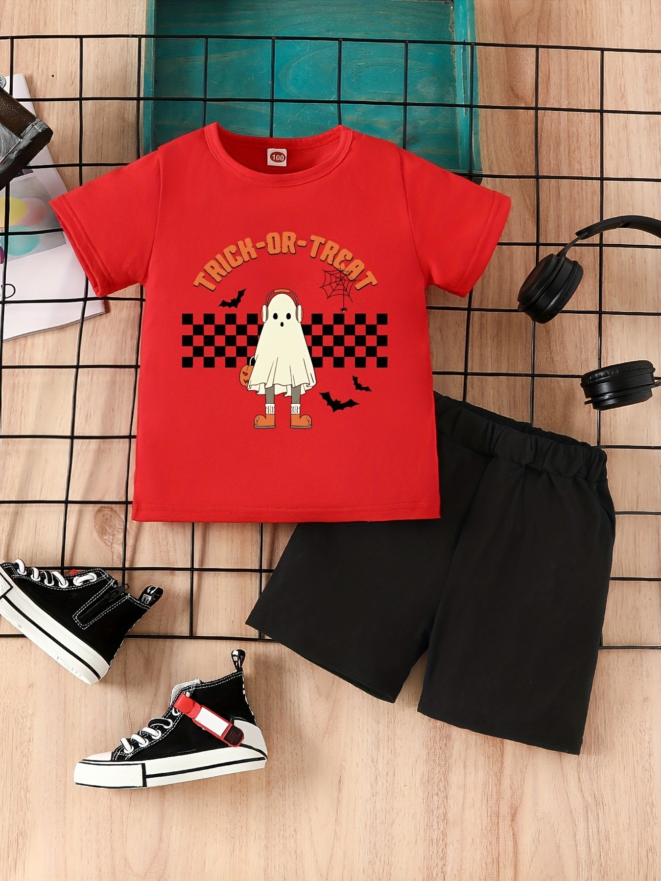 Boy's 2pcs T shirt & Shorts Set Letter Cartoon Print Top Casual Outfits